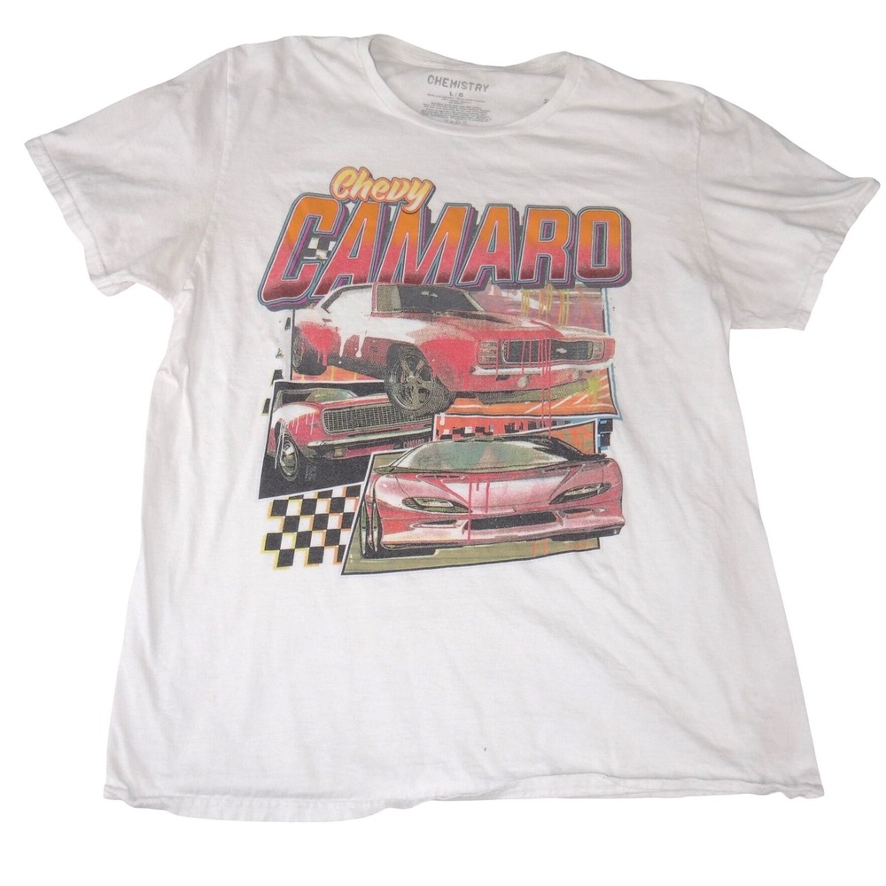 Chemistry Chevy‎ Camaro Graphic T-Shirt Mens Large White Cotton Car Racing Tee